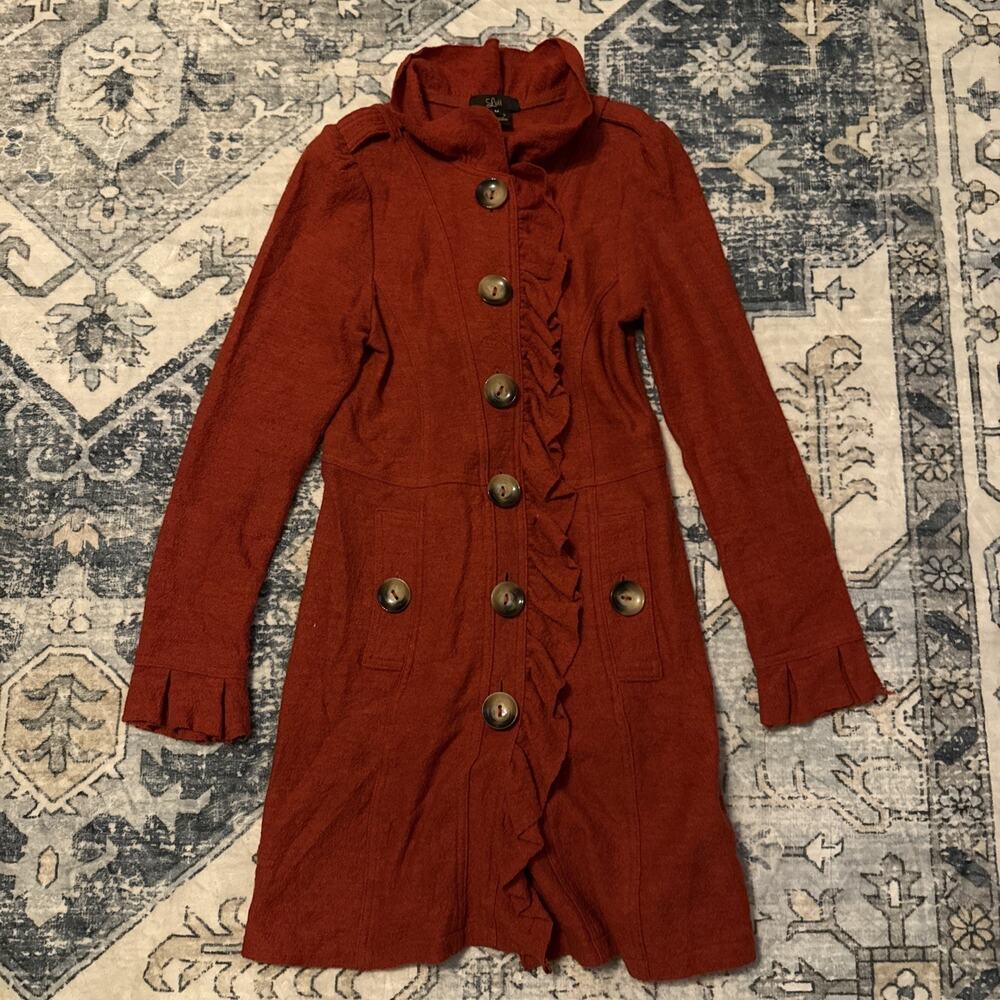 Luii for Anthropologie Red Orange Boiled Wool Coat Ruffle Trim Size Medium